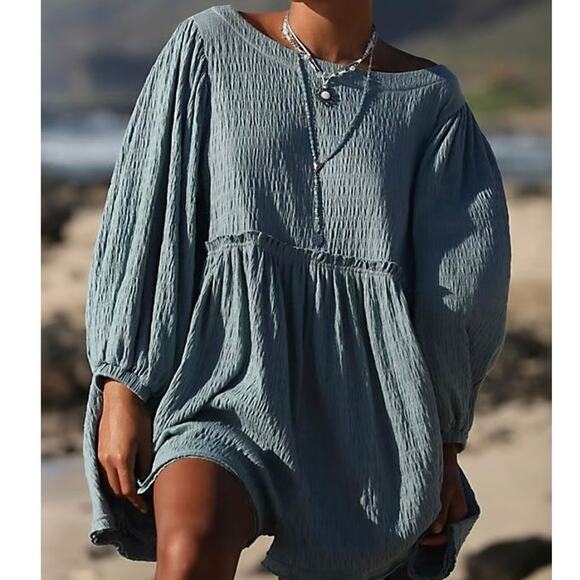 Free People Get Obsessed Babydoll Dress Teal Blue Size Medium Gauzy - Picture 6 of 6